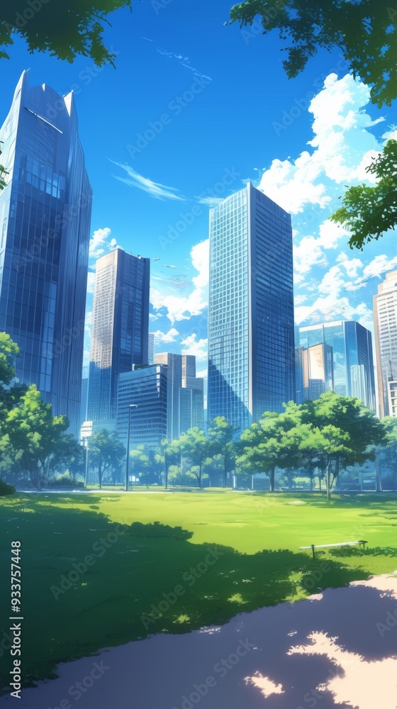 Anime-Style City Skyline with Green Grass, Trees, and Blue Sky, Featuring Tall Buildings in the Distance Anime-Style City Skyline with Green Grass, Trees, and Blue Sky, Featuring Tall Buildings in the Distance