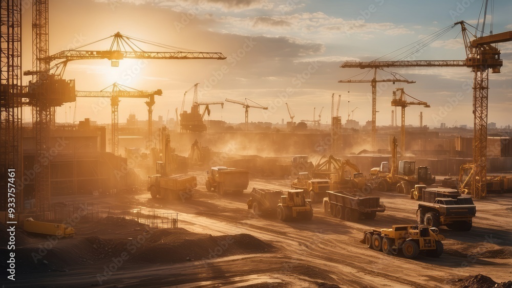 Construction Site with Multiple Cranes and Excavators at Sunset Construction Site with Multiple Cranes and Excavators at Sunset