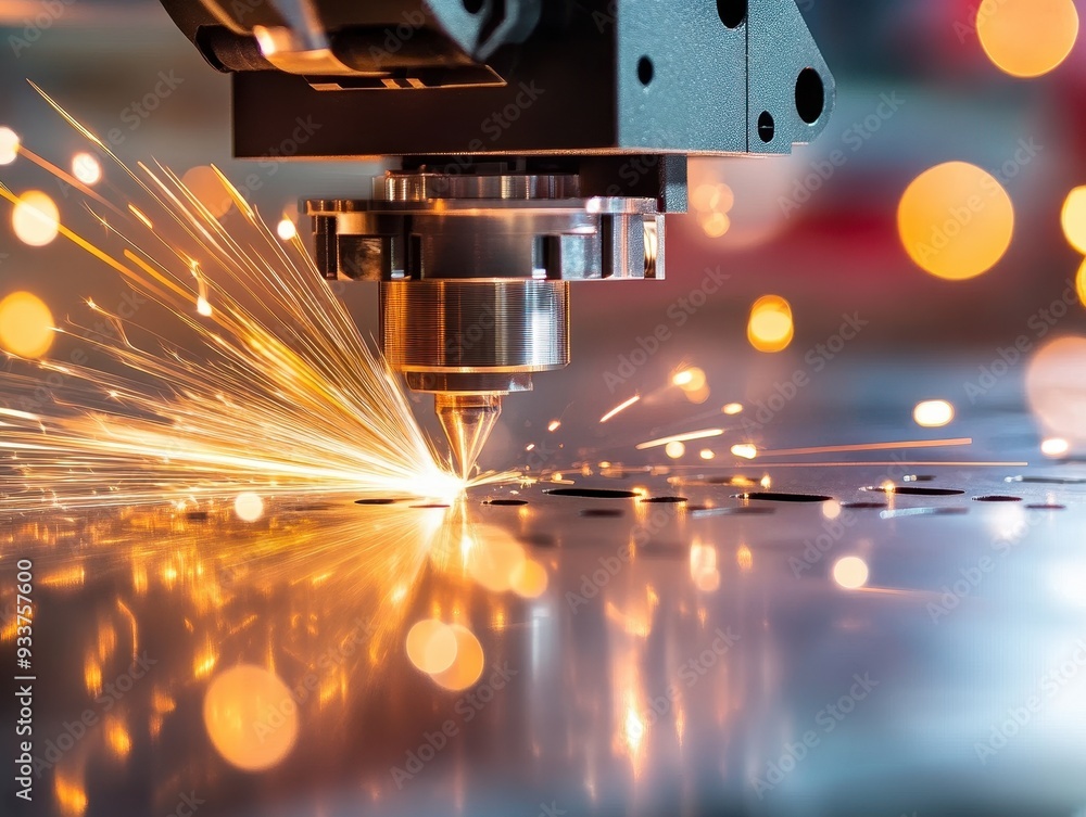 Close-up of industrial laser cutting machine with bright sparks. Precision engineering and manufacturing technology. Close-up of industrial laser cutting machine with bright sparks. Precision engineering and manufacturing technology.