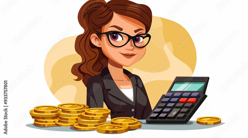 Female Accountant with Calculator on Golden Background Female Accountant with Calculator on Golden Background