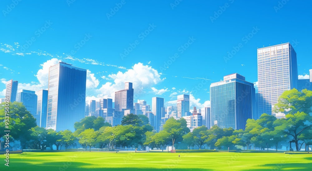 Anime-Style City Skyline with Green Grass, Trees, and Blue Sky, Featuring Tall Buildings in the Distance Anime-Style City Skyline with Green Grass, Trees, and Blue Sky, Featuring Tall Buildings in the Distance