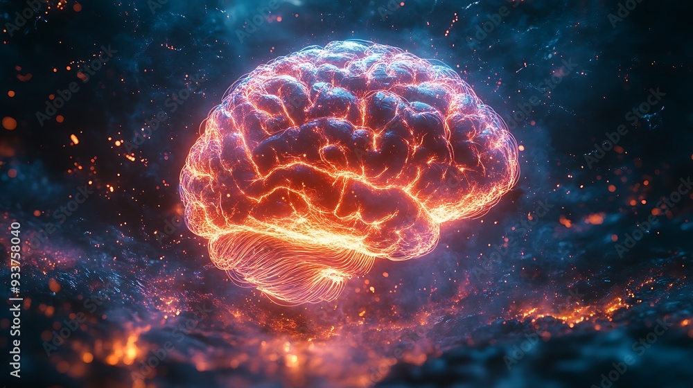 A glowing, fiery brain in the dark. A glowing, fiery brain in the dark.