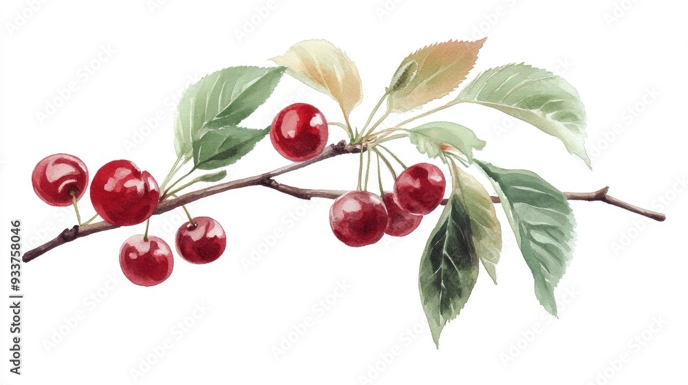 Watercolor depiction of a delightful cherry branch Watercolor depiction of a delightful cherry branch