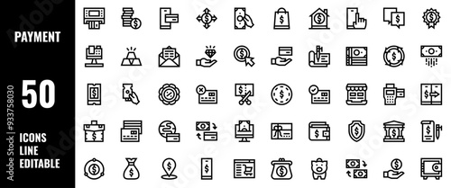 50 Payment Icons Set Line Editable Vector Illustration