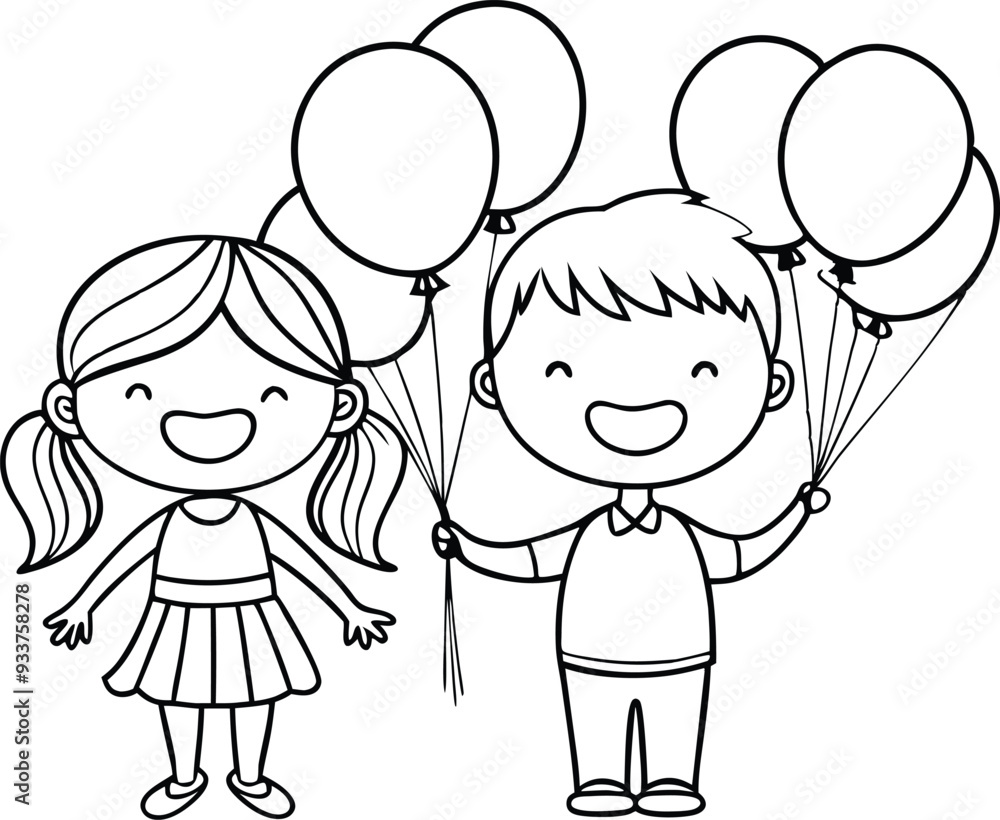 girl and boy with balloons line art illustration black and white girl and boy with balloons line art illustration black and white