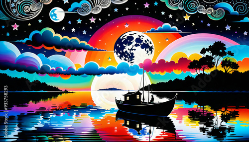 A colorful painting of a boat on a lake with a full moon in the sky. The mood of the painting is serene and peaceful. photo