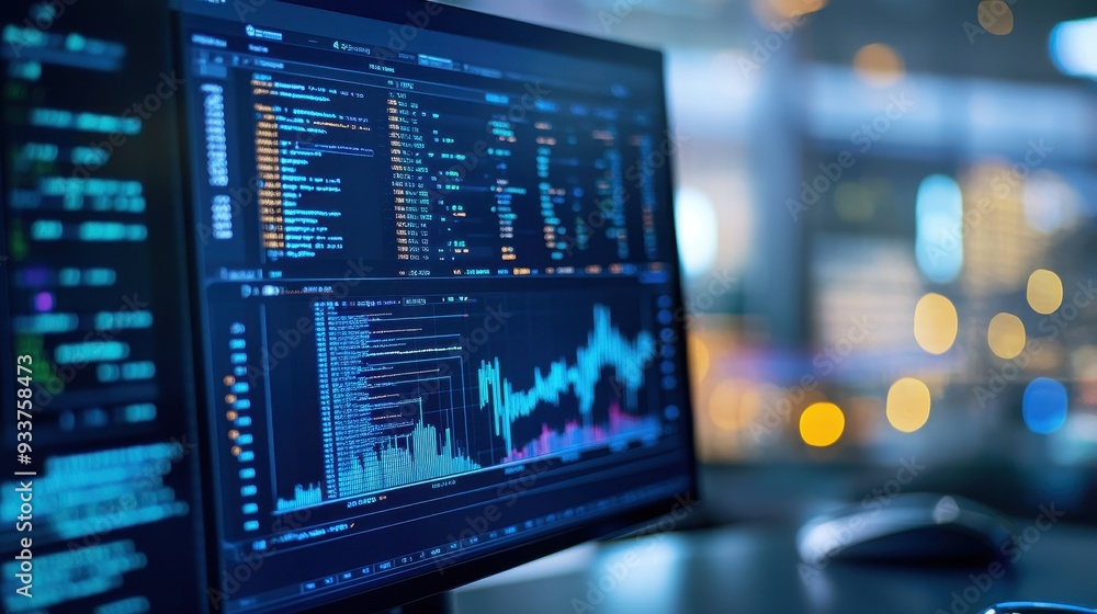 Close-up view of a financial trading graph on a computer screen in a modern office setting with blurred background. Close-up view of a financial trading graph on a computer screen in a modern office setting with blurred background.