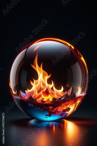 A glass sphere with fire inside isolated on a dark background, vertical composition