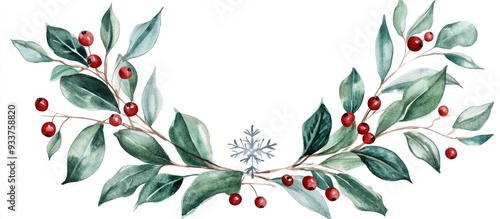 Watercolor Christmas wreath illustration featuring pointed leaves red berries and a charming snowflake Perfect for holiday cards and invitations Artwork set against a white background photo