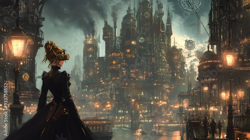 A sprawling steampunk cityscape featuring Victorian architecture, industrial elements, and glowing lights, capturing a dark and fantastical atmosphere.