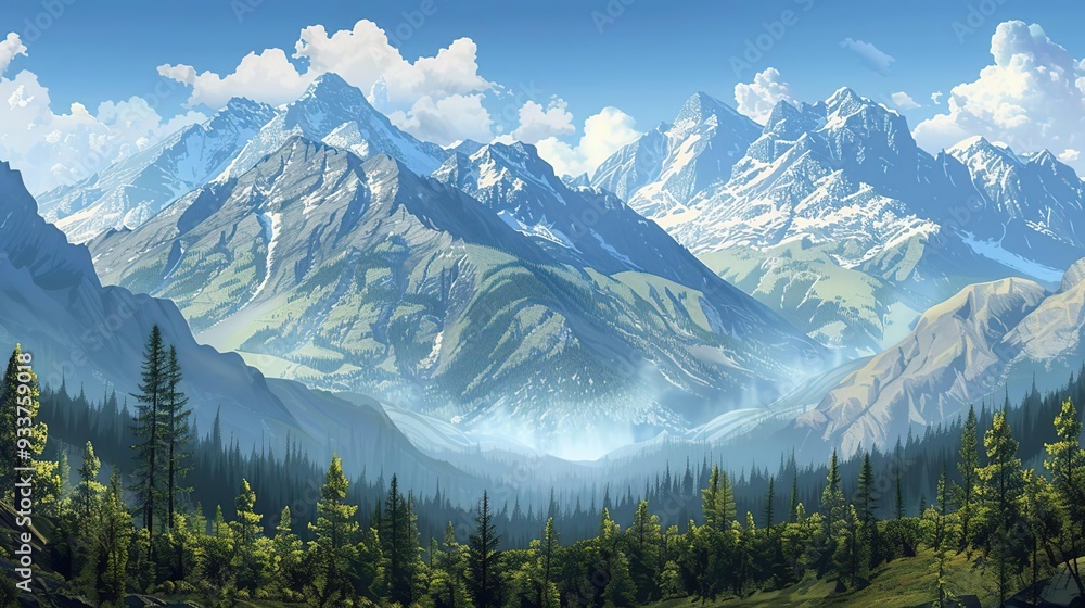Mountain Landscape Illustration with Forest and Snow Mountain Landscape Illustration with Forest and Snow