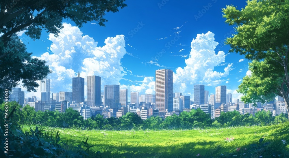 Anime-Style City Skyline with Green Grass, Trees, and Blue Sky, Featuring Tall Buildings in the Distance Anime-Style City Skyline with Green Grass, Trees, and Blue Sky, Featuring Tall Buildings in the Distance