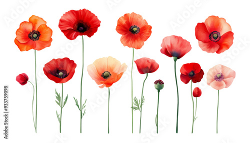 Fototapeta Naklejka Na Ścianę i Meble -  poppies watercolor isolated on transparent background cutout