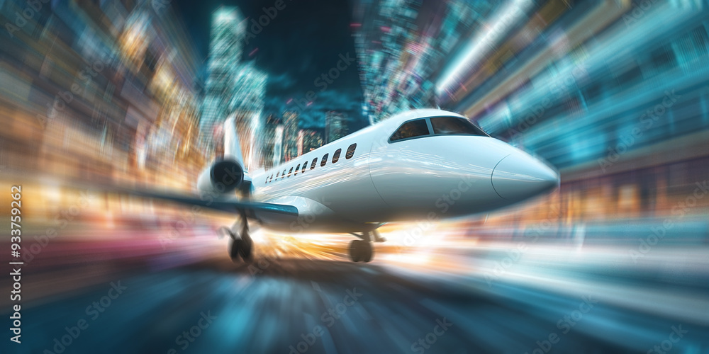 Airplane on the runway in the city at night. Ai generative Airplane on the runway in the city at night. Ai generative