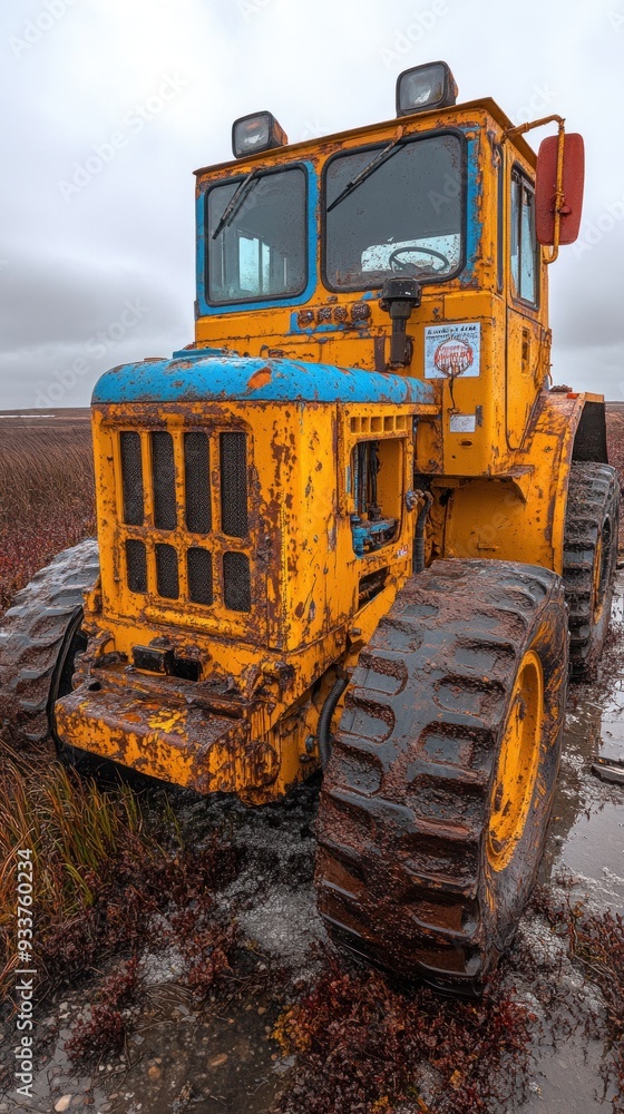 A rusty yellow tractor is parked in a wet, muddy marsh A rusty yellow tractor is parked in a wet, muddy marsh
