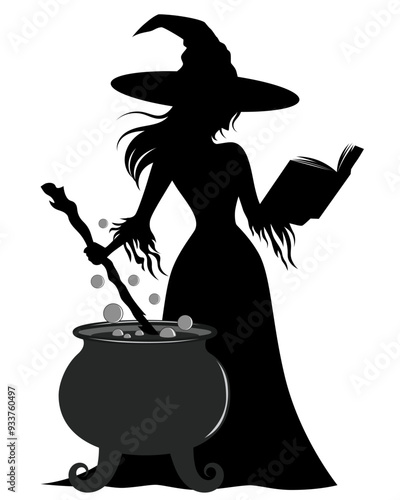 Silhouette witch is reading a book of spell while cooking her magic water in grey pot.