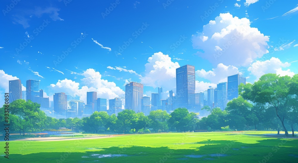 Anime-Style City Skyline with Tall Buildings and Green Trees in a Park, Featuring White Clouds and a Bright Blue Sky Anime-Style City Skyline with Tall Buildings and Green Trees in a Park, Featuring White Clouds and a Bright Blue Sky