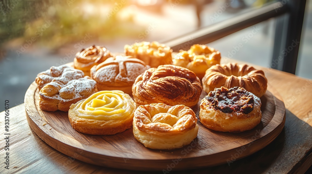 A delicious assortment of pastries displayed on a wooden platter, showcasing tempting textures and golden hues. A delicious assortment of pastries displayed on a wooden platter, showcasing tempting textures and golden hues.