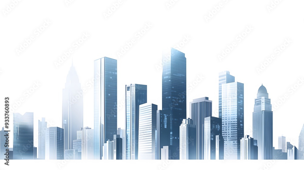 Obraz premium A vibrant, illustrated city skyline featuring various skyscrapers, set against a white background, representing modern urban development.