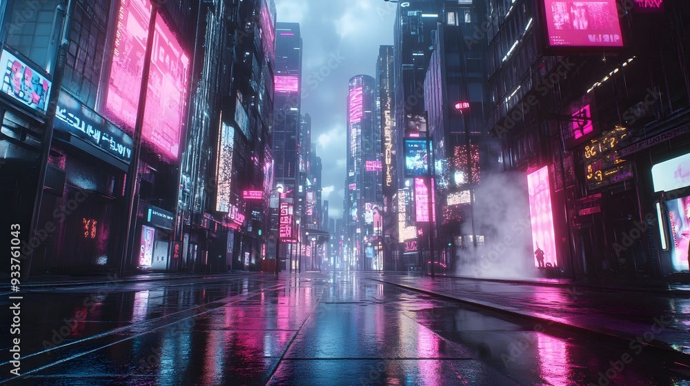 A futuristic street scene at night, drenched in rain with neon billboards illuminating the surroundings, reflecting a cyberpunk aesthetic. A futuristic street scene at night, drenched in rain with neon billboards illuminating the surroundings, reflecting a cyberpunk aesthetic.