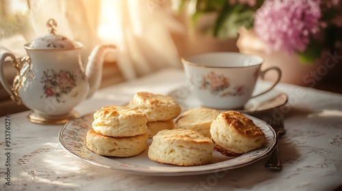 Wallpaper Mural Delicious scones on a decorative plate beside a cup of tea, perfect for a cozy afternoon tea setting. Torontodigital.ca