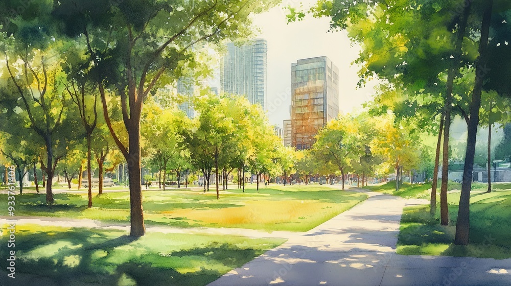 Naklejka premium Green urban landscape with modern buildings and lush trees, watercolor painting, warm light casting gentle shadows