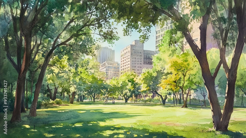 Obraz premium Green urban landscape with modern buildings and lush trees, watercolor painting, warm light casting gentle shadows