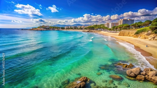 Sunny seascape in Salou, Spain with clear blue skies, turquoise water and sandy beaches, Salou