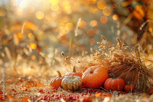 Autumn harvest festival with pumpkins, hay bales, and festive decorations in a rural setting...