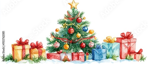 Watercolor Christmas tree adorned with decorations and gifts Watercolor clipart