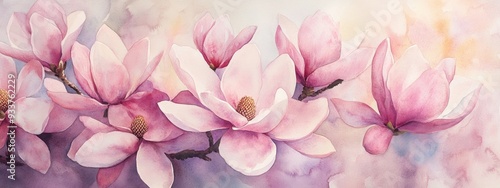 Watercolor artwork of pink blossoms from the Magnolia x soulangeana showcasing its striking large flowers that bloom early in a range of white pink and purple hues