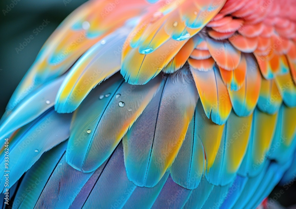 Fototapeta premium Colorful parrot feathers with water droplets