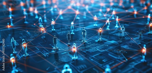 Digital network of interconnected people on a high-tech circuit board with glowing blue lines and nodes. Concepts of technology, connectivity, communication, and social networking.