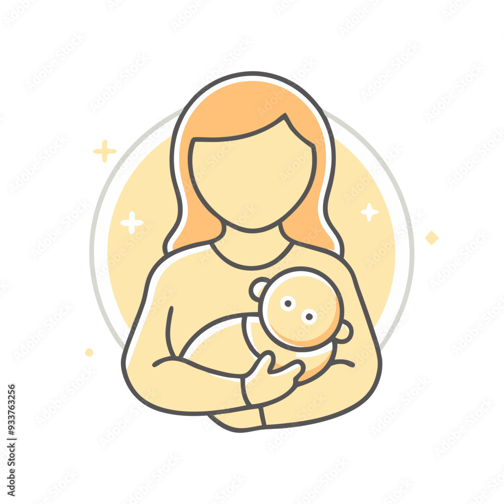 Minimalist Illustration of a Mother Cradling a Baby with Yellow Circle Background