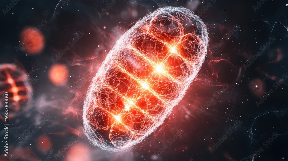 High-resolution ing of a mitochondrion, showcasing intricate cellular organelle structure in vibrant colors. High-resolution ing of a mitochondrion, showcasing intricate cellular organelle structure in vibrant colors.