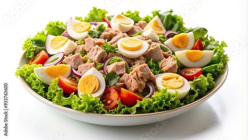 lettuce, gourmet, protein, lunch, diet, sliced egg, high angle view, extreme close-up, seafood,tuna salad, appetizer, Tuna salad with sliced egg isolated on white Extreme Close Up