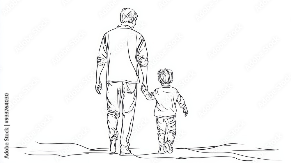 Obraz premium One Line Drawing of Father and son / kid Holding Hands, Clean and Bold Outlines for Coloring Pages or Clipart in Minimalist Style