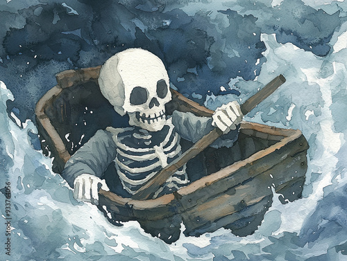 Skeleton captain, steering a ghost ship, eerie stormy sea, Watercolor style