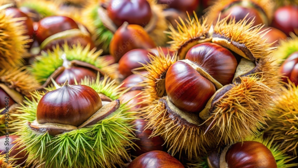 Close-up of fresh chestnuts in their prickly husks , autumn, harvest, seasonal, food, nuts, organic, raw, natural Close-up of fresh chestnuts in their prickly husks , autumn, harvest, seasonal, food, nuts, organic, raw, natural
