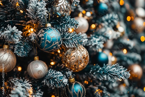 A close up of a christmas tree with blue and silver ornaments photo