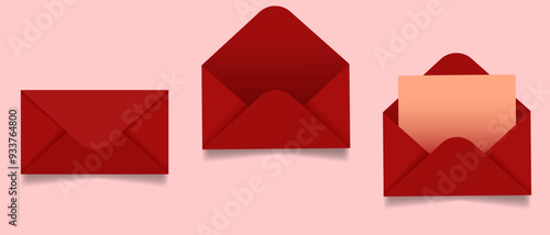 Vector set of red envelopes in different positions, with a letter inside. Folded and unfolded envelope isolated on a white background. Letter for Valentine's Day. EPS 10