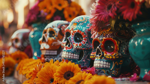 A vibrant Day of the Dead celebration in Mexico, with colorful sugar skulls.