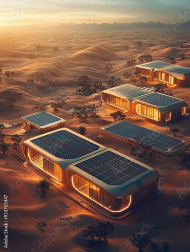 Aerial shot of a solarpowered logistics hub in the desert, ecofuturistic, warm tones, photorealistic 3D, sustainable logistics solutions photo