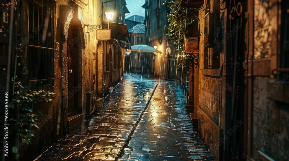 Fototapeta premium Rainy alleyway in a historic town , Cobblestone alleyway with soft lighting , Narrow alleyway , Old town , Rain