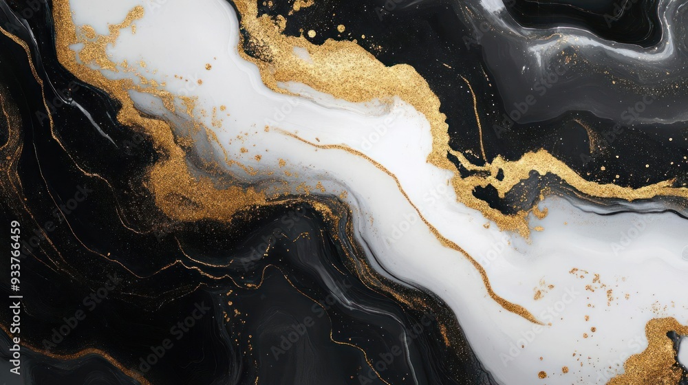 An intricate black and gold design with splashes of white and blue, An intricate black and gold design with splashes of white and blue,