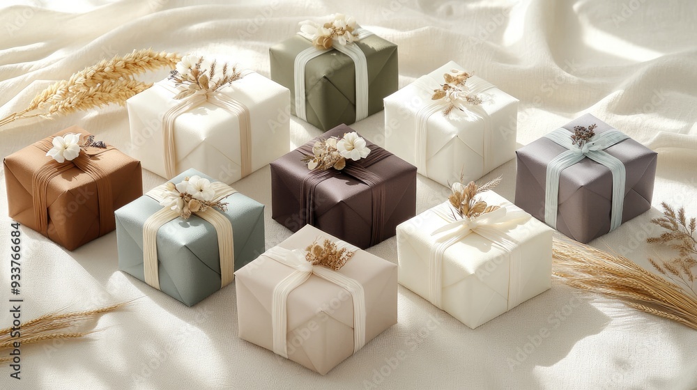 Furoshiki cloth wraps gifts featuring dried flowers and wheat, beautifully arranged on a soft linen surface, showcasing traditional Japanese wrapping techniques Furoshiki cloth wraps gifts featuring dried flowers and wheat, beautifully arranged on a soft linen surface, showcasing traditional Japanese wrapping techniques