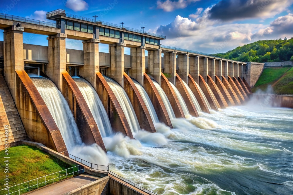 Hydroelectric dam with multiple spillways and water flow at a tilted angle, infrastructure, dam, clean energy., construction, landscape, tilted angle, sustainable, spillways, engineering Hydroelectric dam with multiple spillways and water flow at a tilted angle, infrastructure, dam, clean energy., construction, landscape, tilted angle, sustainable, spillways, engineering