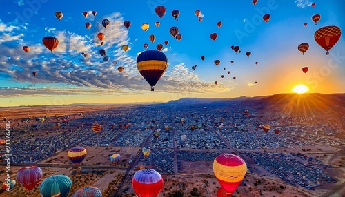 Hot Air Balloons at Sunrise - Aerial View of the Albuquerque International Balloon Fiesta photo