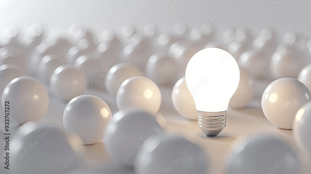 Glowing light bulb highlighted among many white background bulbs in a 3D rendering, with space for adding inspirational or creative messages Glowing light bulb highlighted among many white background bulbs in a 3D rendering, with space for adding inspirational or creative messages