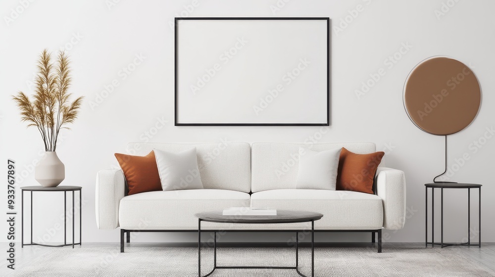 Modern minimalist living room with white sofa, decorative pillows, and framed artwork on the wall, featuring elegant neutral tones. Modern minimalist living room with white sofa, decorative pillows, and framed artwork on the wall, featuring elegant neutral tones.
